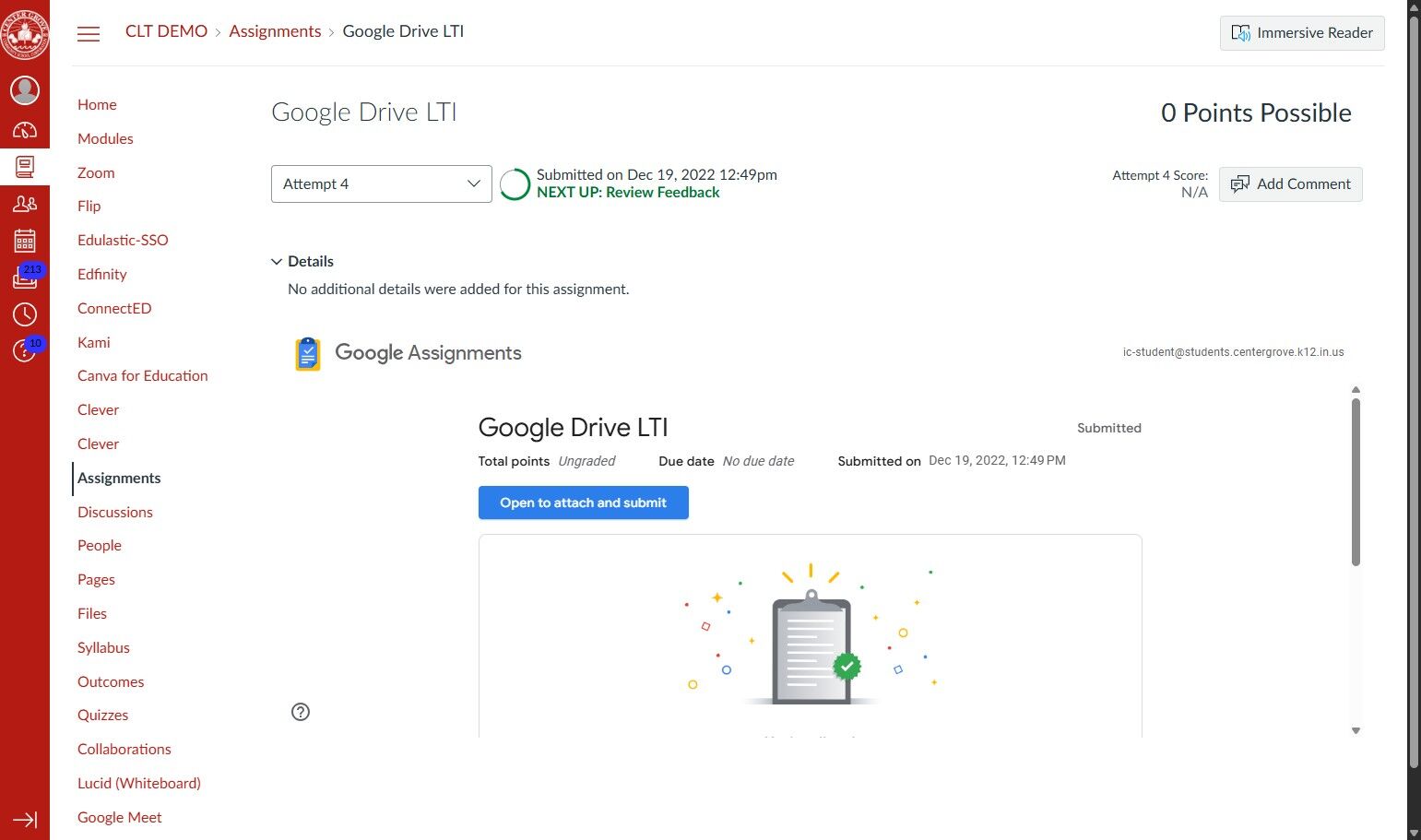 Screenshot of a Canvas assignment page titled "Google Drive LTI." The interface has navigation options on the left and an area for assignment details. An icon with a clipboard and green checkmark is shown, indicating completion.
