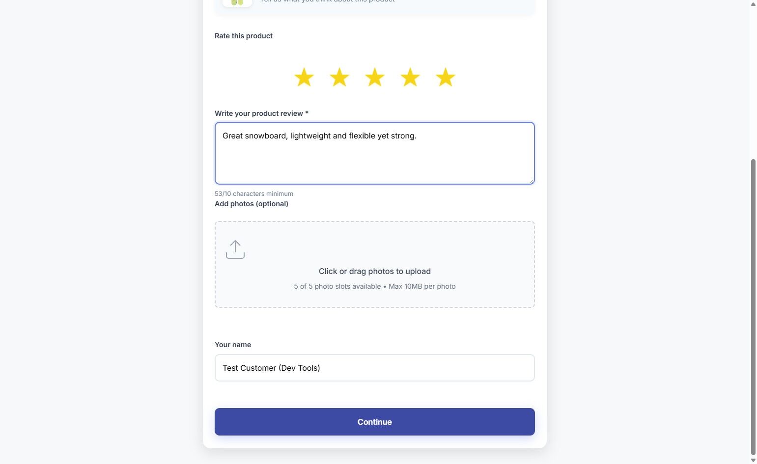Store review page after continuing