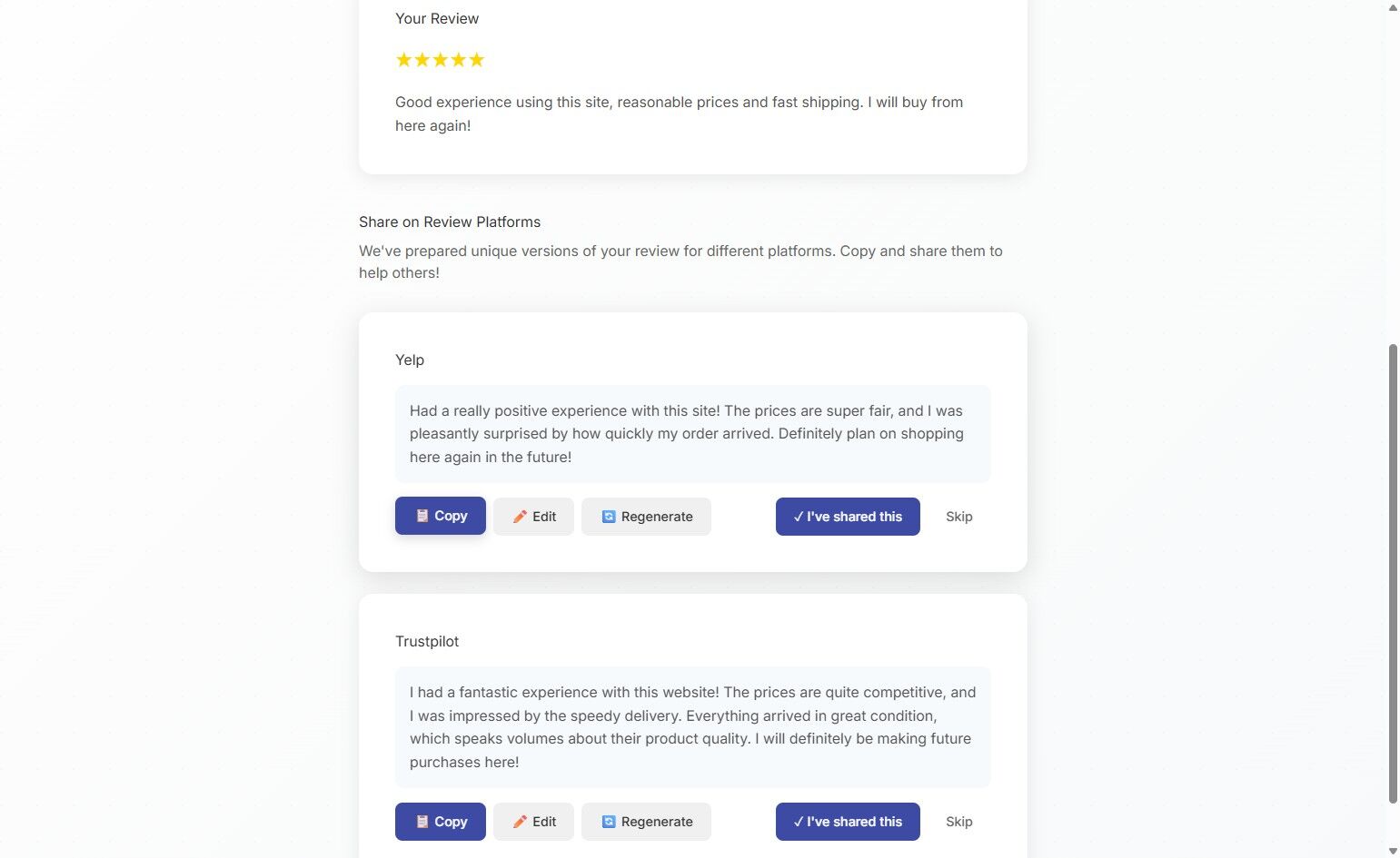 Copying review text for a platform