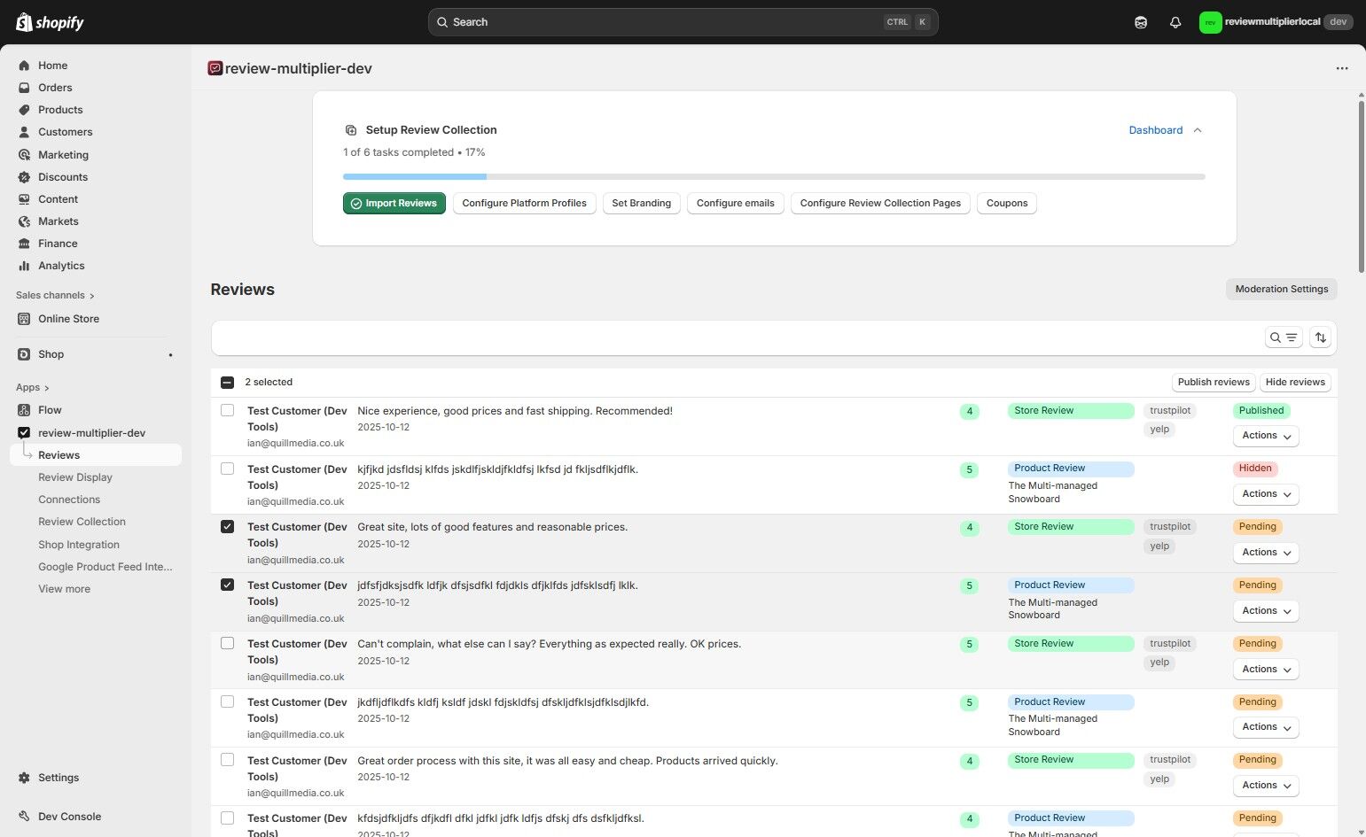 Select multiple reviews with checkboxes
