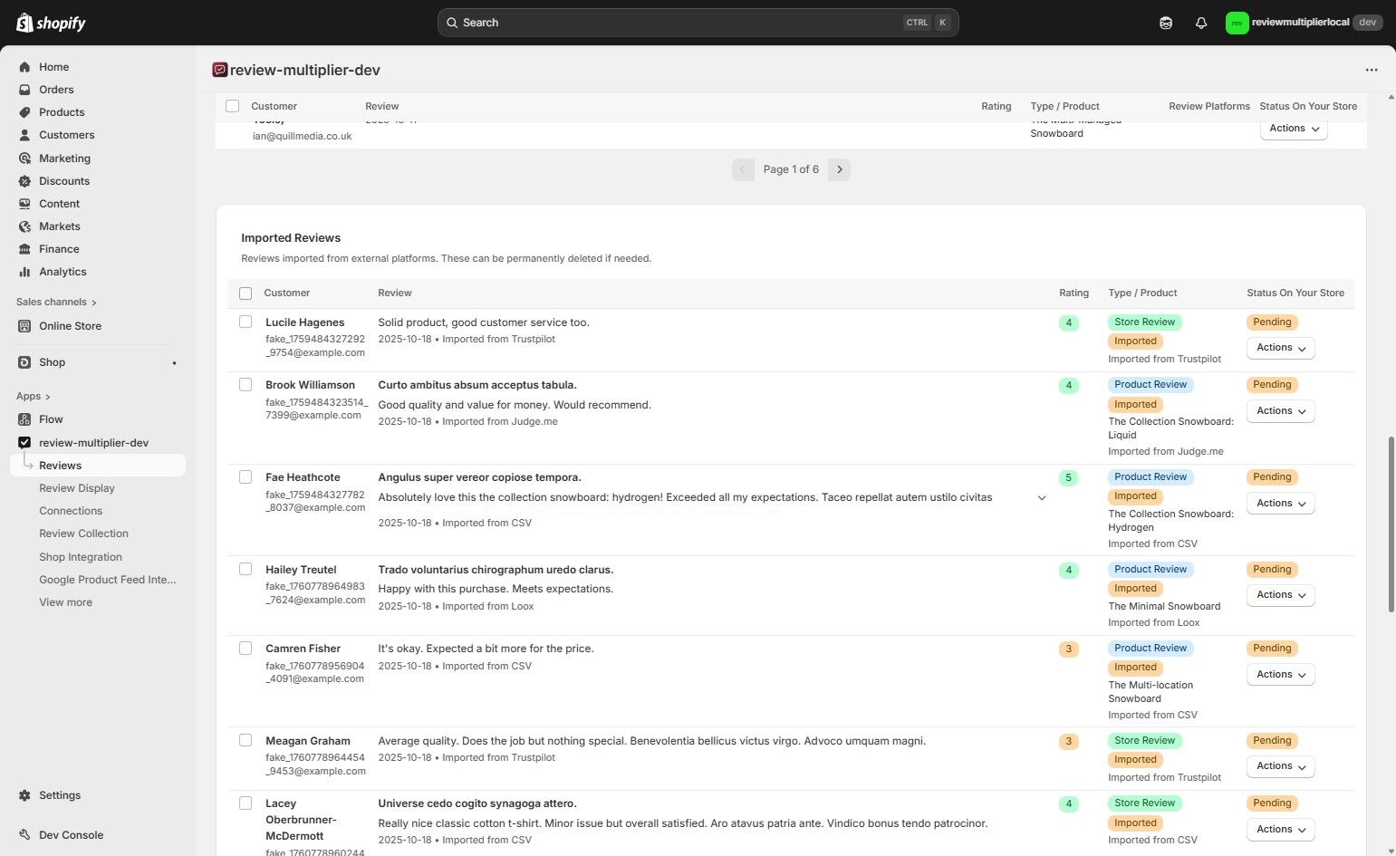 Select imported reviews for deletion