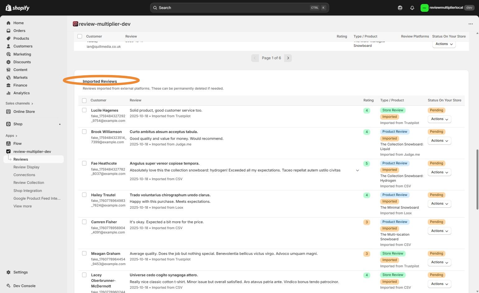 Imported Reviews table