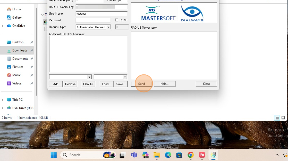 Enter the Radius server, port, RADIUS Secret key (created during the Radius agent install) and username. Click "Send"