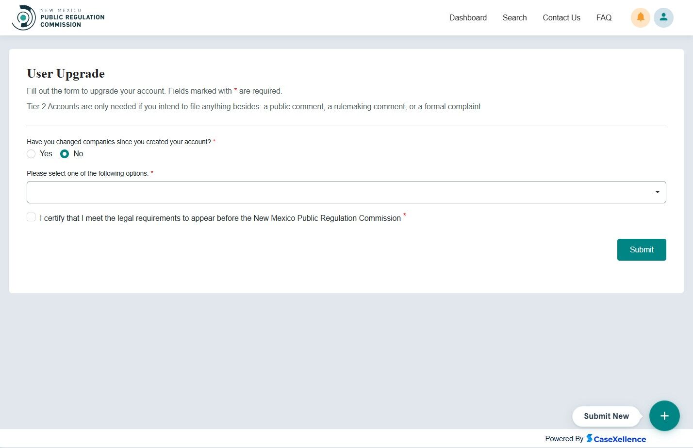 User Upgrade Form screen