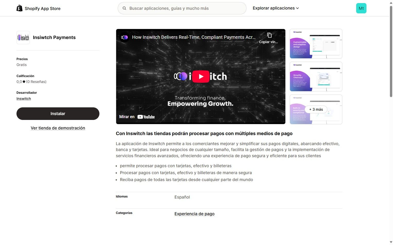 Inswitch Payments app page on VTEX store with install button, video preview, and app description in Spanish