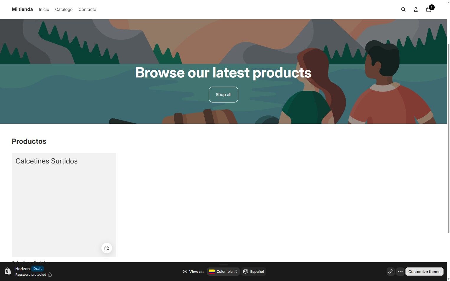 Shopify store draft view showing a product listing for 'Calcetines Surtidos' with a placeholder image and 'Browse our latest products' banner