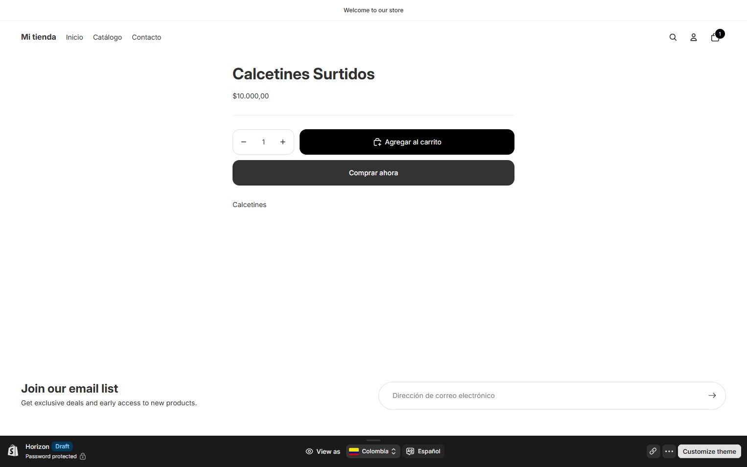 Shopify product page for 'Calcetines Surtidos' priced at $10,000.00, showing quantity selector, 'Agregar al carrito' and 'Comprar ahora' buttons.