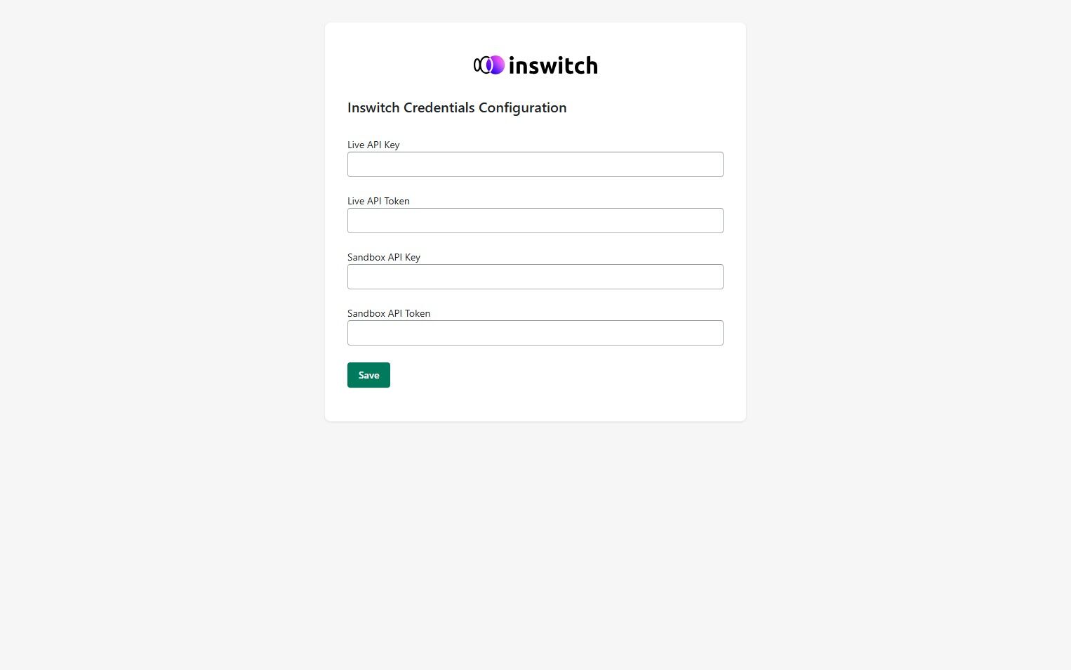 Inswitch configuration page showing fields for Live and Sandbox API Key and Token, with a Save button.