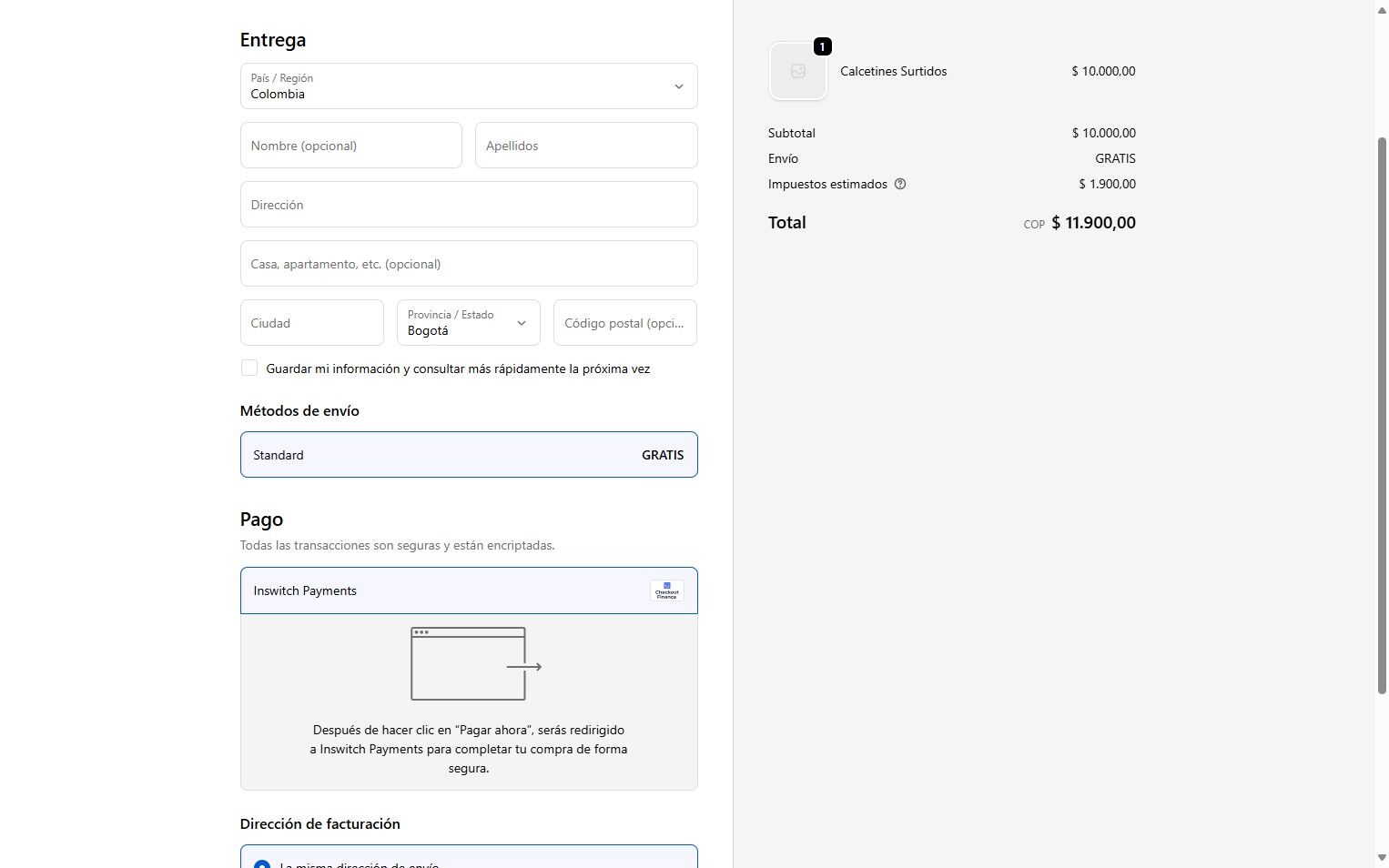 Shopify checkout page showing InSwitch Payments selected as the payment method, with total price COP $11,900.00 and shipping method 'Standard'