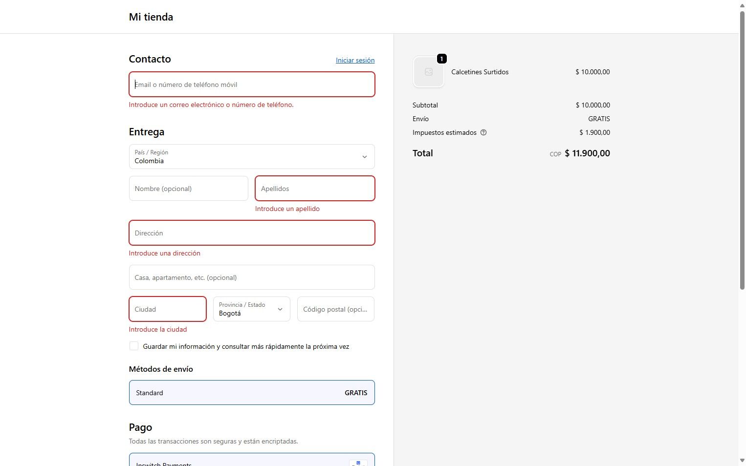 Shopify checkout form with validation errors, showing required fields like email, last name, address, and city outlined in red. Order summary on the right shows total COP $11,900.00.