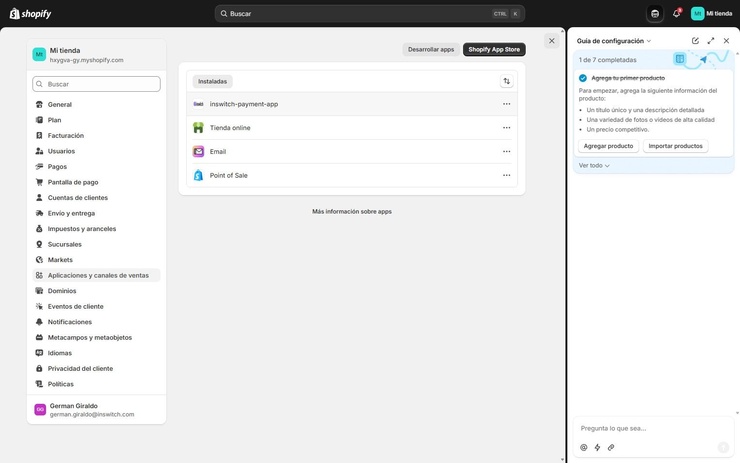 Shopify admin panel showing installed apps including inswitch-payment-app, Tienda online, Email, and Point of Sale