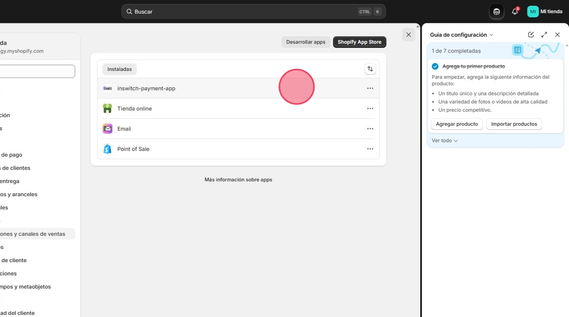 Shopify admin panel showing installed apps including inswitch-payment-app, Tienda online, Email, and Point of Sale