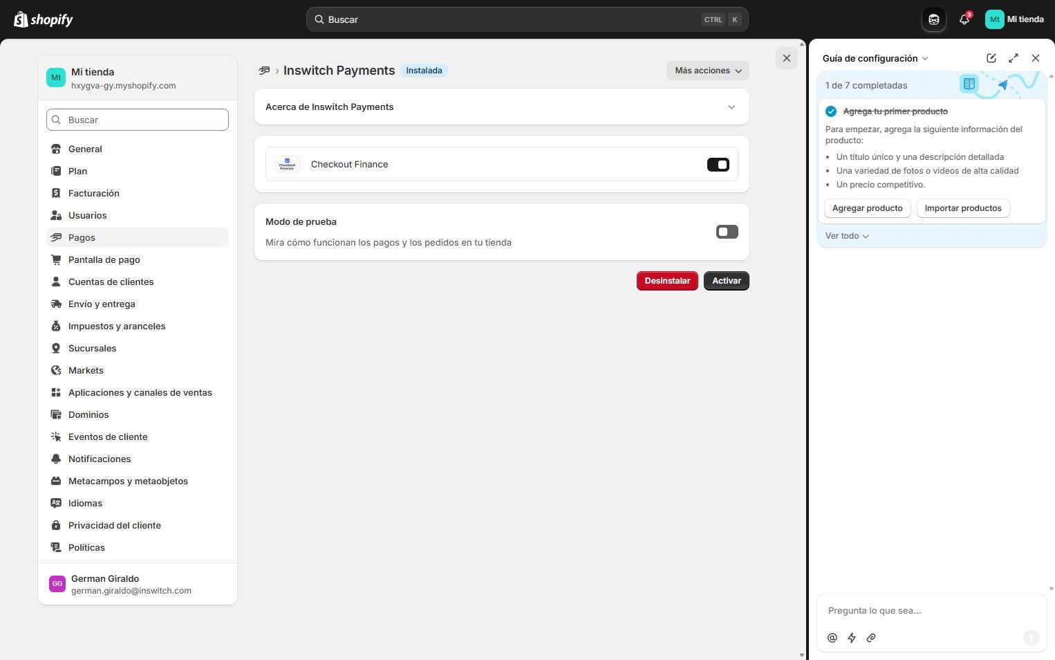 Inswitch Payments app settings in Shopify with options to enable test mode, uninstall, or activate the app