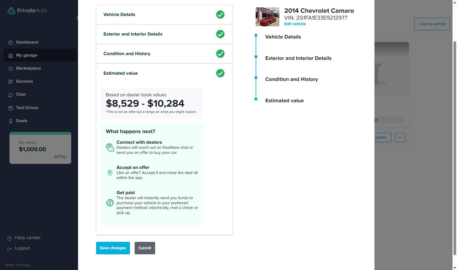 Screenshot of the PrivateAuto vehicle valuation page for a 2014 Chevrolet Camaro. An estimated dealer book value range is shown: $8,529 – $10,284 with a note stating, “This is not an offer but a range of what you might expect.”  Below that, a “What happens next?” section outlines three steps with icons:  Connect with dealers – Dealers will contact you through DealNow chat or send an offer to buy your car.  Accept an offer – Review and accept an offer to complete the deal within the app.  Get paid – The dealer sends payment instantly by your chosen method: electronically, by mailed check, or pickup.