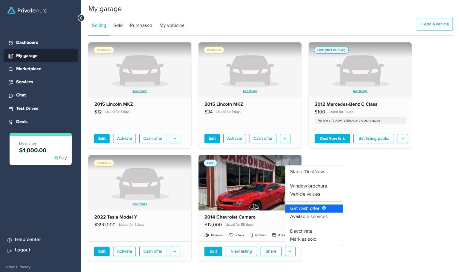 PrivateAuto interface showing “Summary for cash offer” popup for a 2014 Chevrolet Camaro. Sections listed include Vehicle Details, Exterior and Interior Details, Condition and History, and Estimated Value. The Vehicle Details section shows a green checkmark. Buttons at the bottom read “Save changes” and “Submit.”