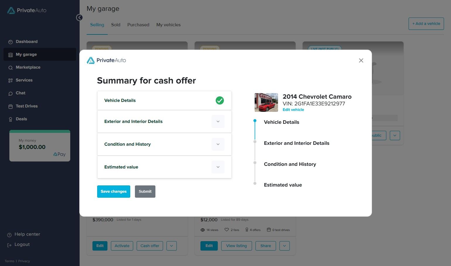 PrivateAuto “My Garage” dashboard showing multiple vehicles for sale. A dropdown menu is open on the 2014 Chevrolet Camaro listing, highlighting the option “Get cash offer.” Other menu items include Start a DealNow, Vehicle values, Available services, Deactivate, and Mark as sold.