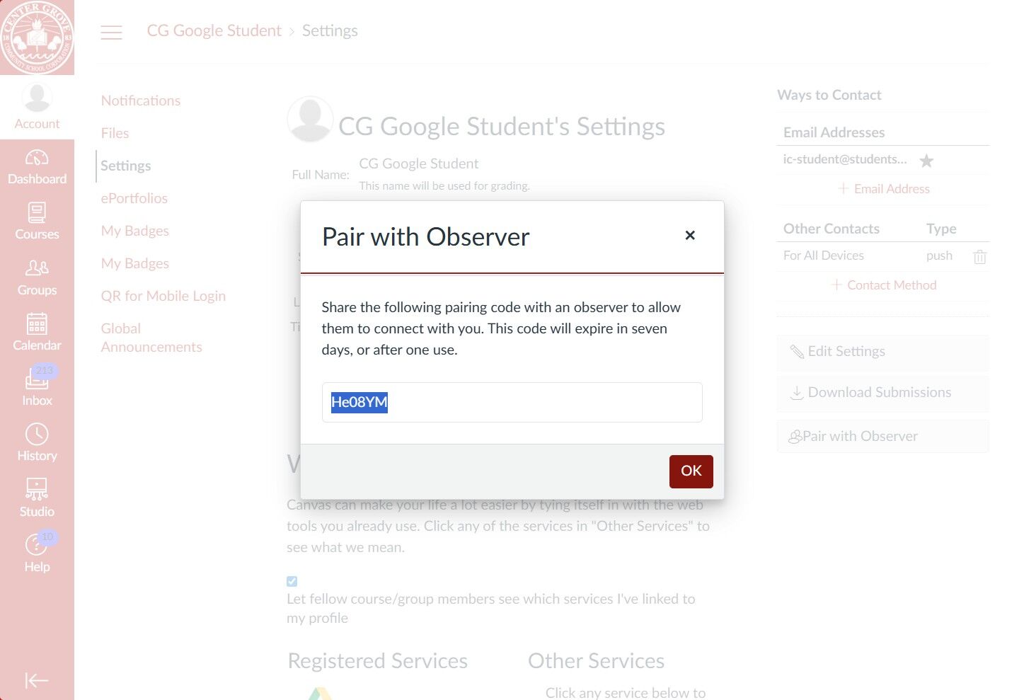 Canvas account settings page with parent observer code popup window