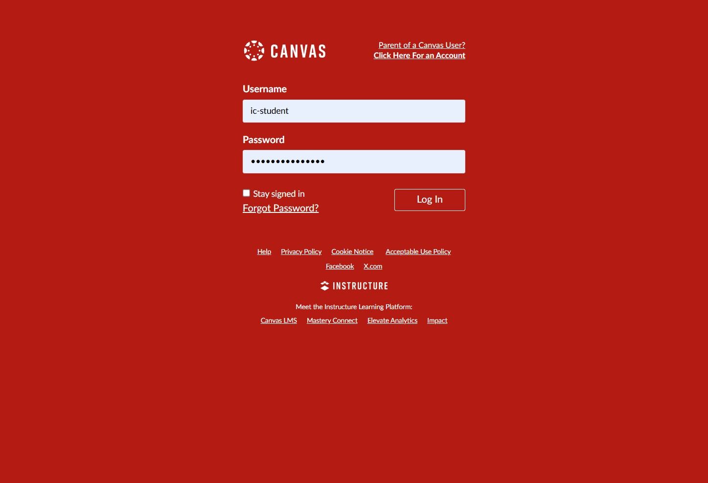 Canvas login screen