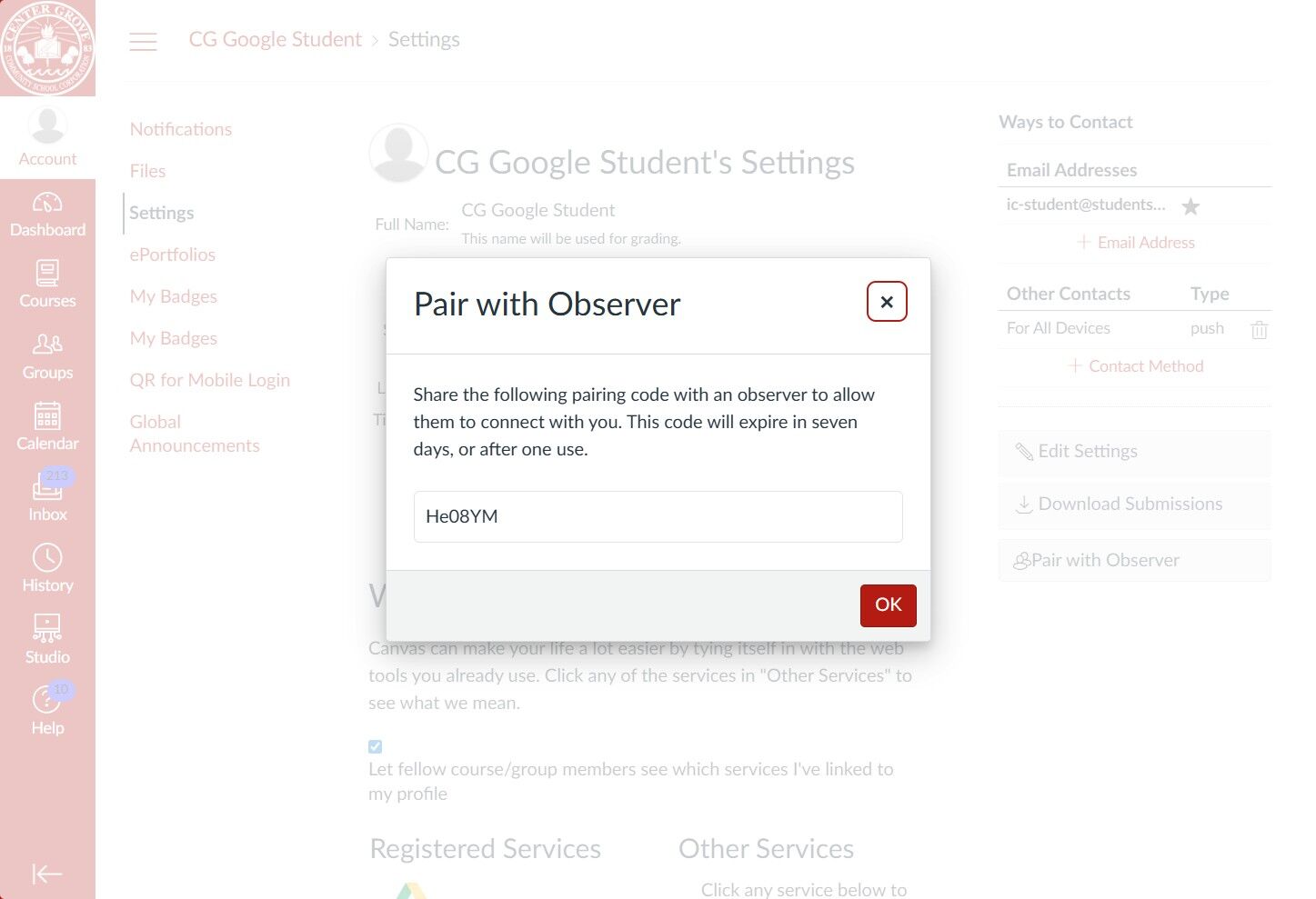 Canvas account settings page with parent observer code popup window