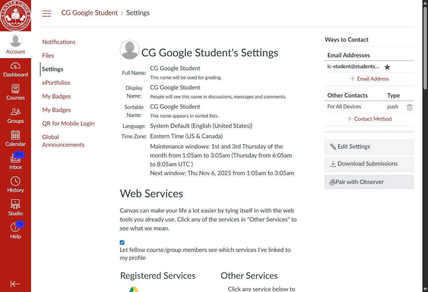 Canvas account settings page