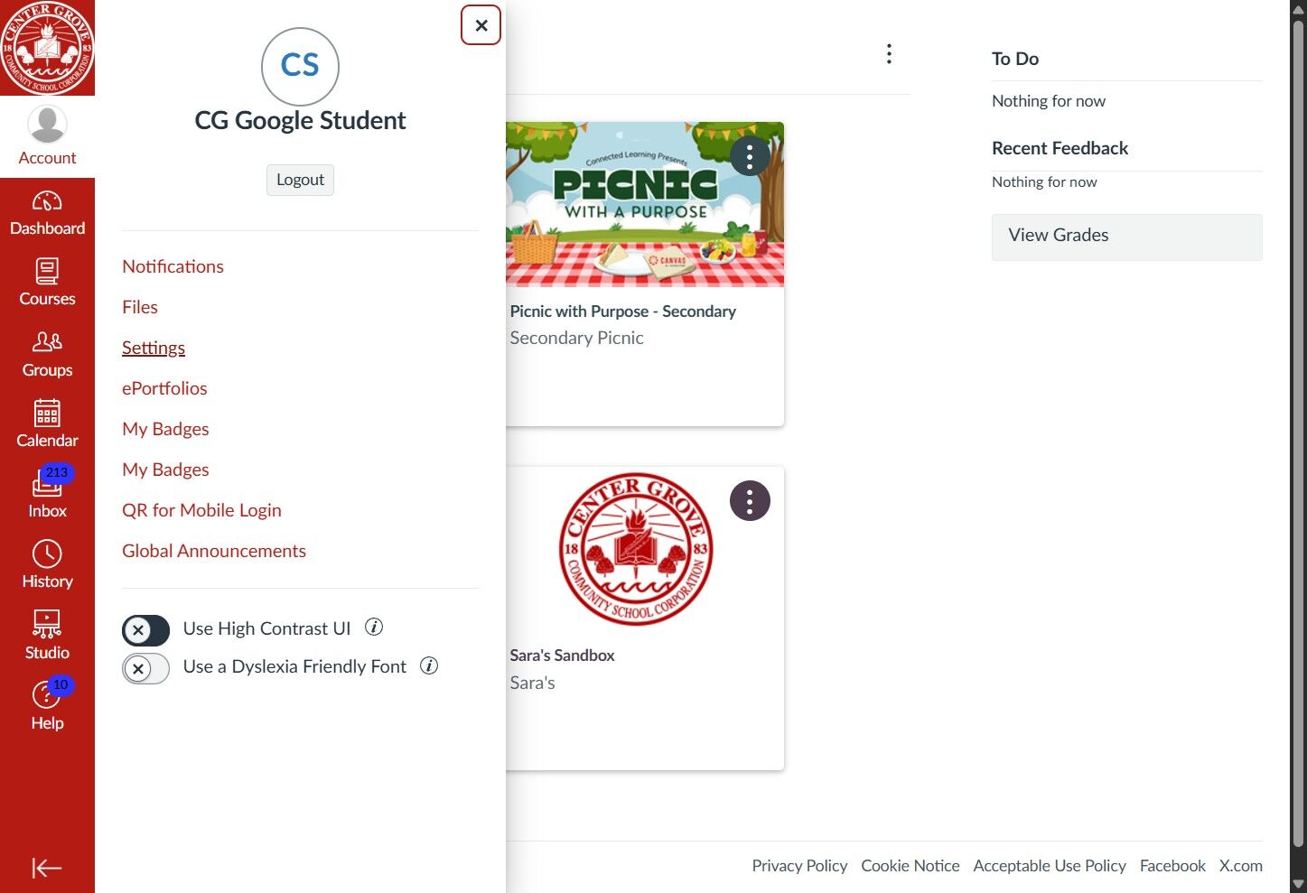 Canvas Dashboard with account options on the left