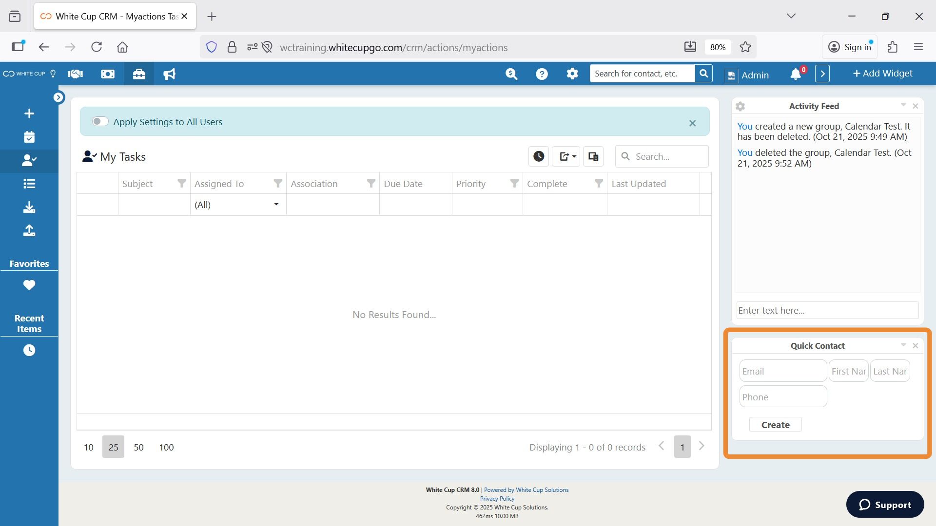 Use the Quick Contact widget in the right column to create a contact without opening the Contacts module.