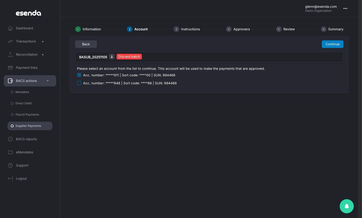 Continue button after selecting the account