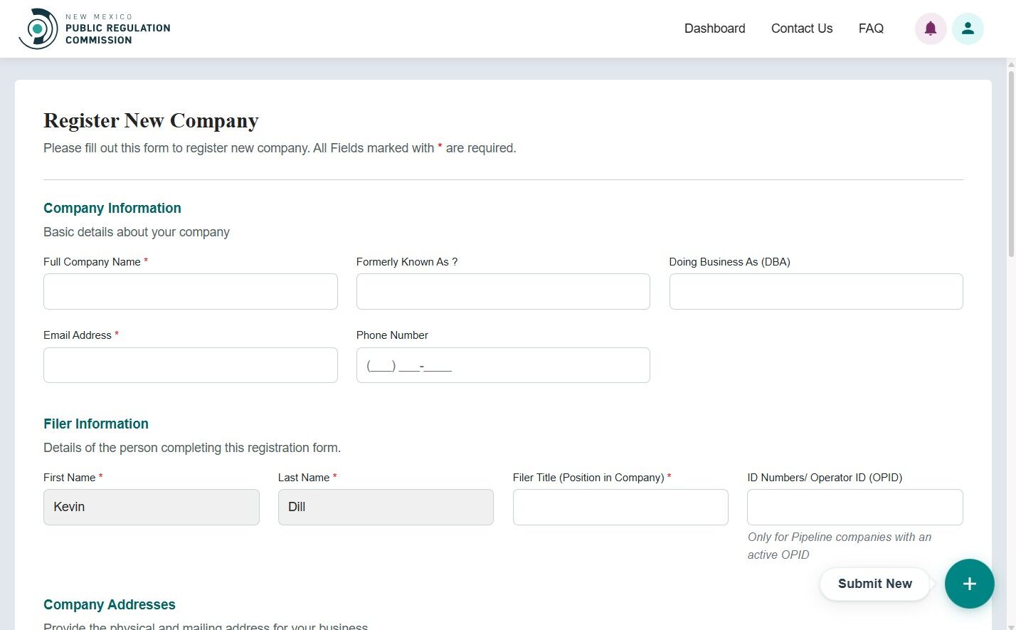 Register New Company form