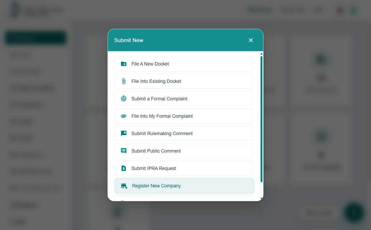 Submit New – Register New Company option