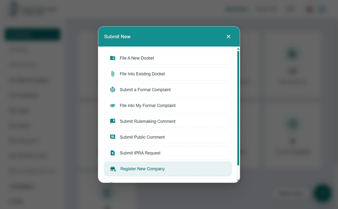 Submit New – Register New Company option