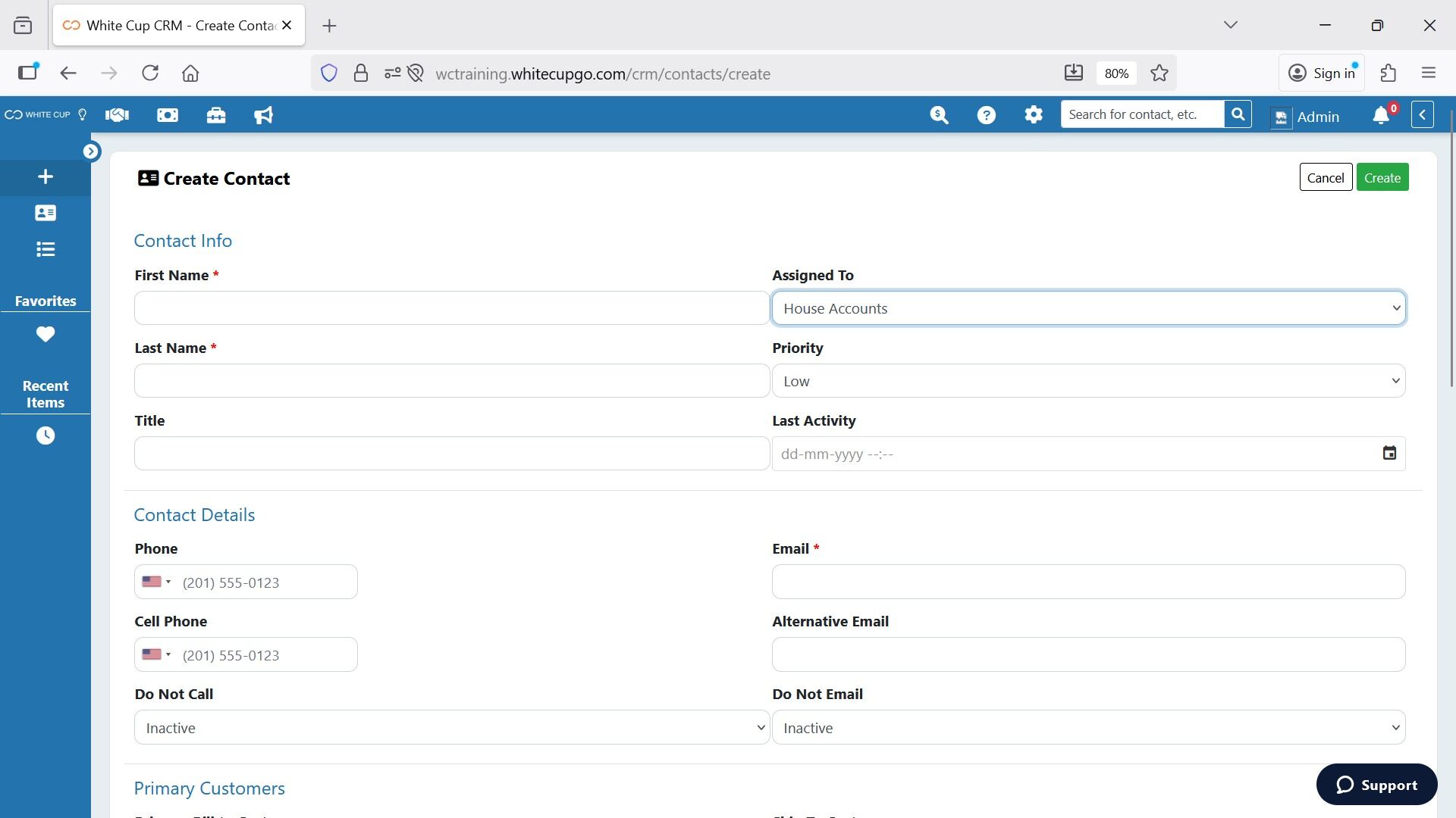 Complete the contact details on the contact form, then click Create to save the new contact.