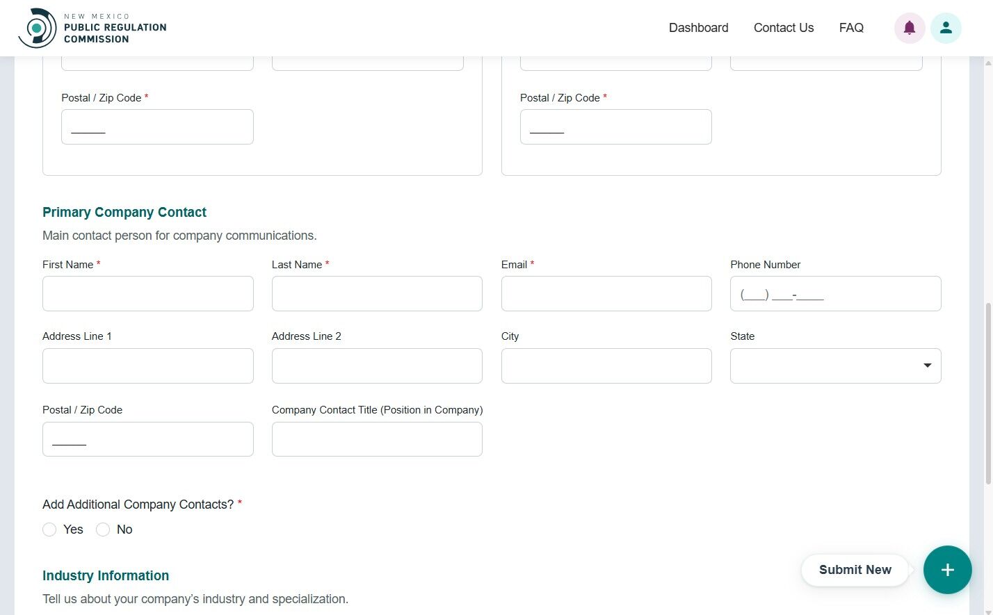 Primary Company Contact section