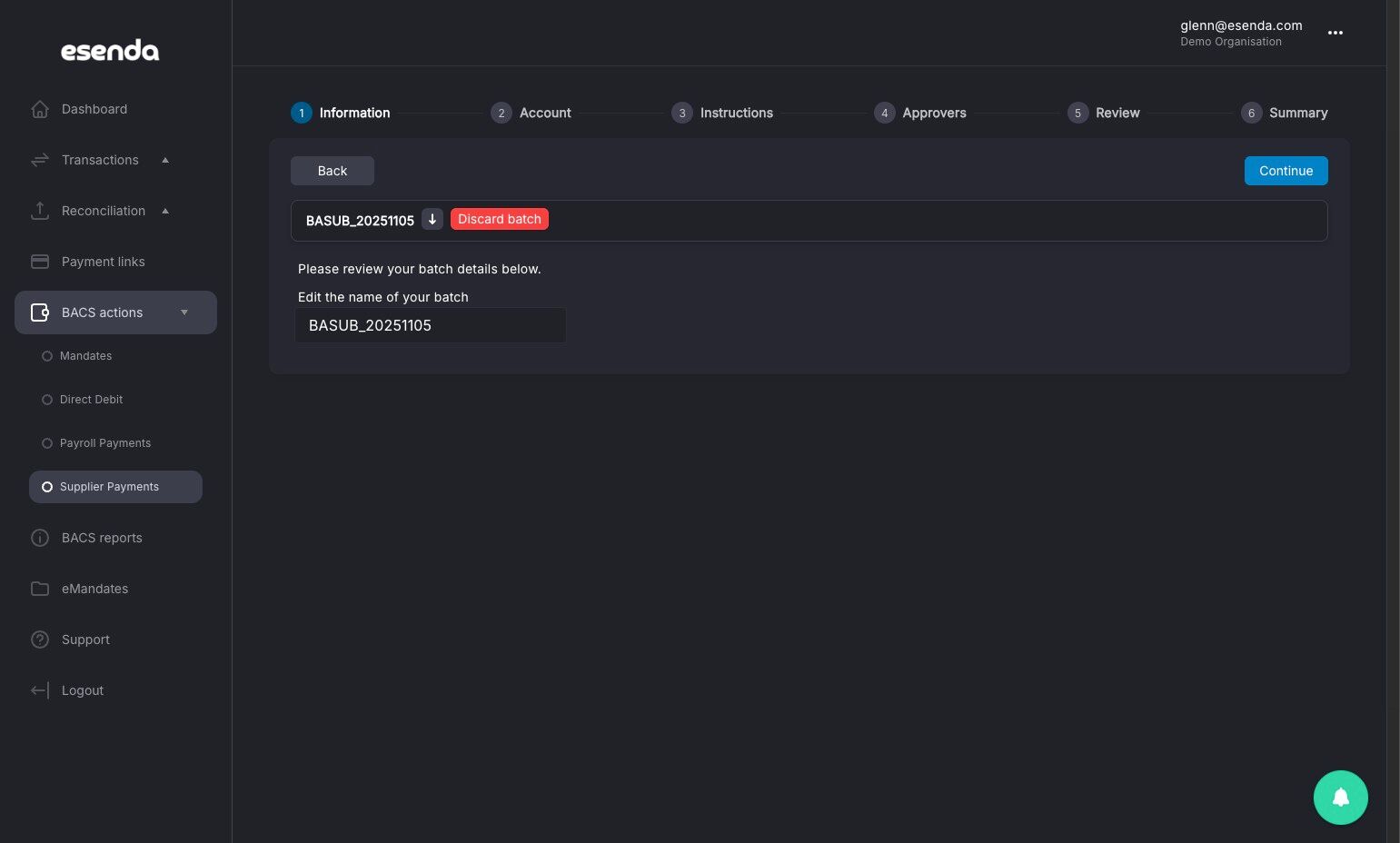 Continue button on the payment file review screen