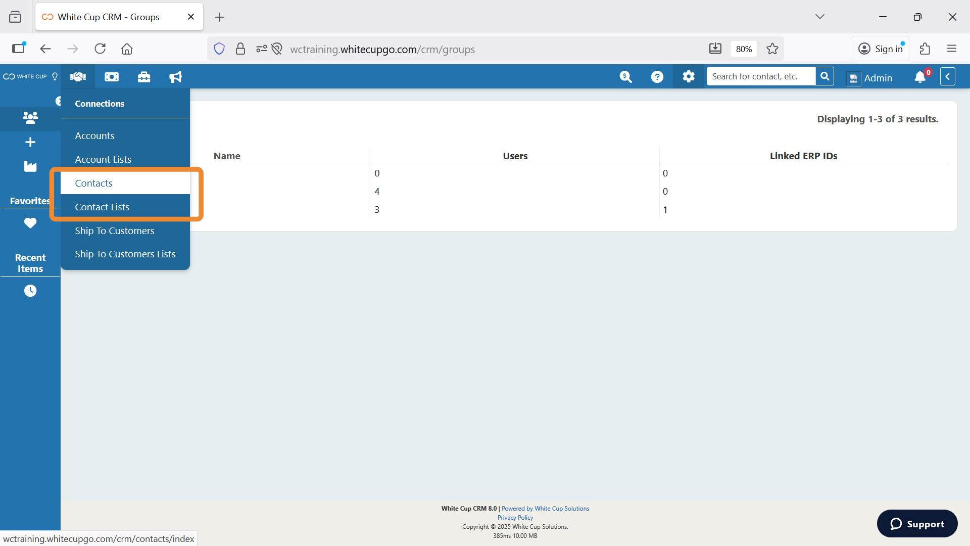 Connections menu has options for Contacts module and Contacts List