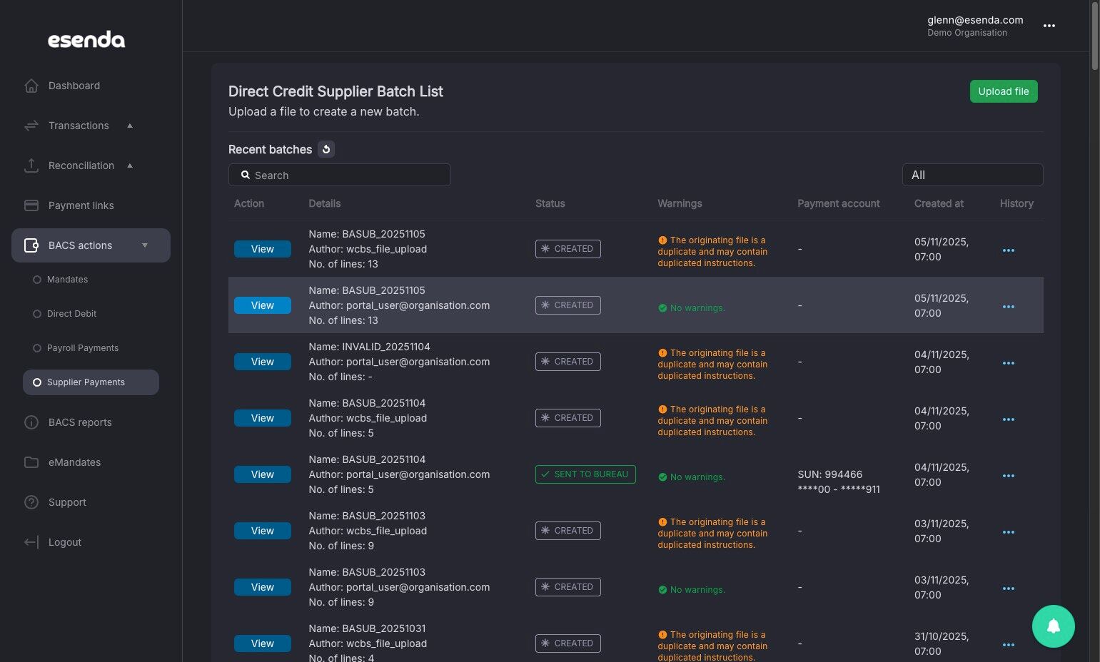 View button against the uploaded payment file