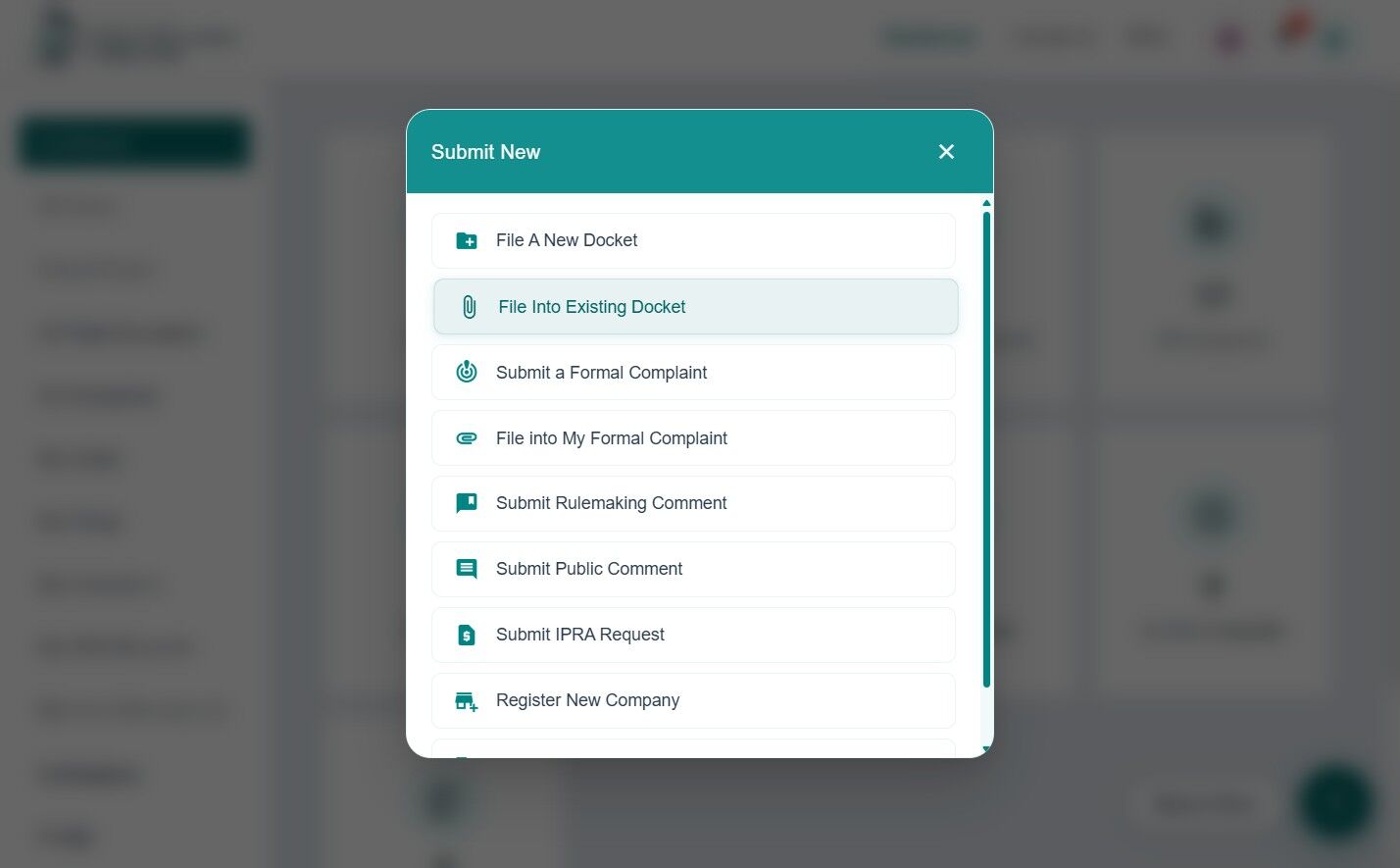 Submit New pop-up with File Into Existing Docket option