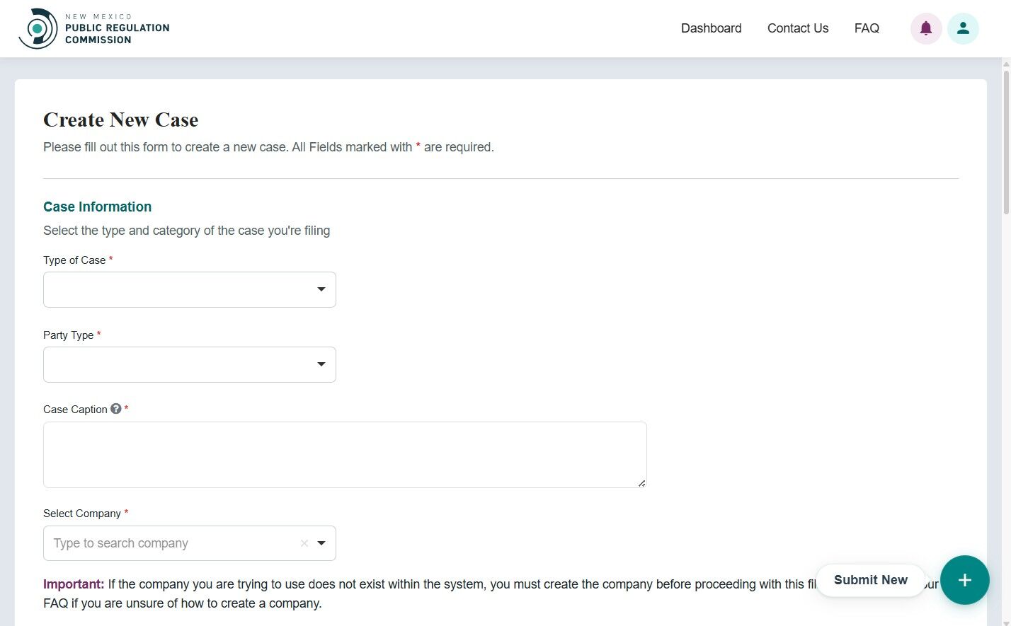 Create New Docket screen