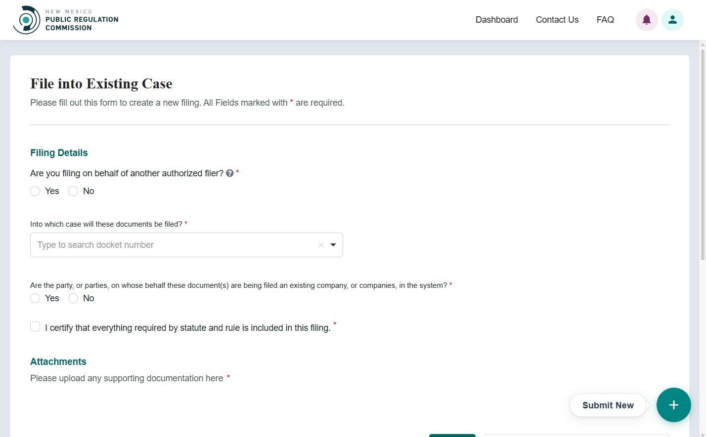 File Into Existing Docket screen