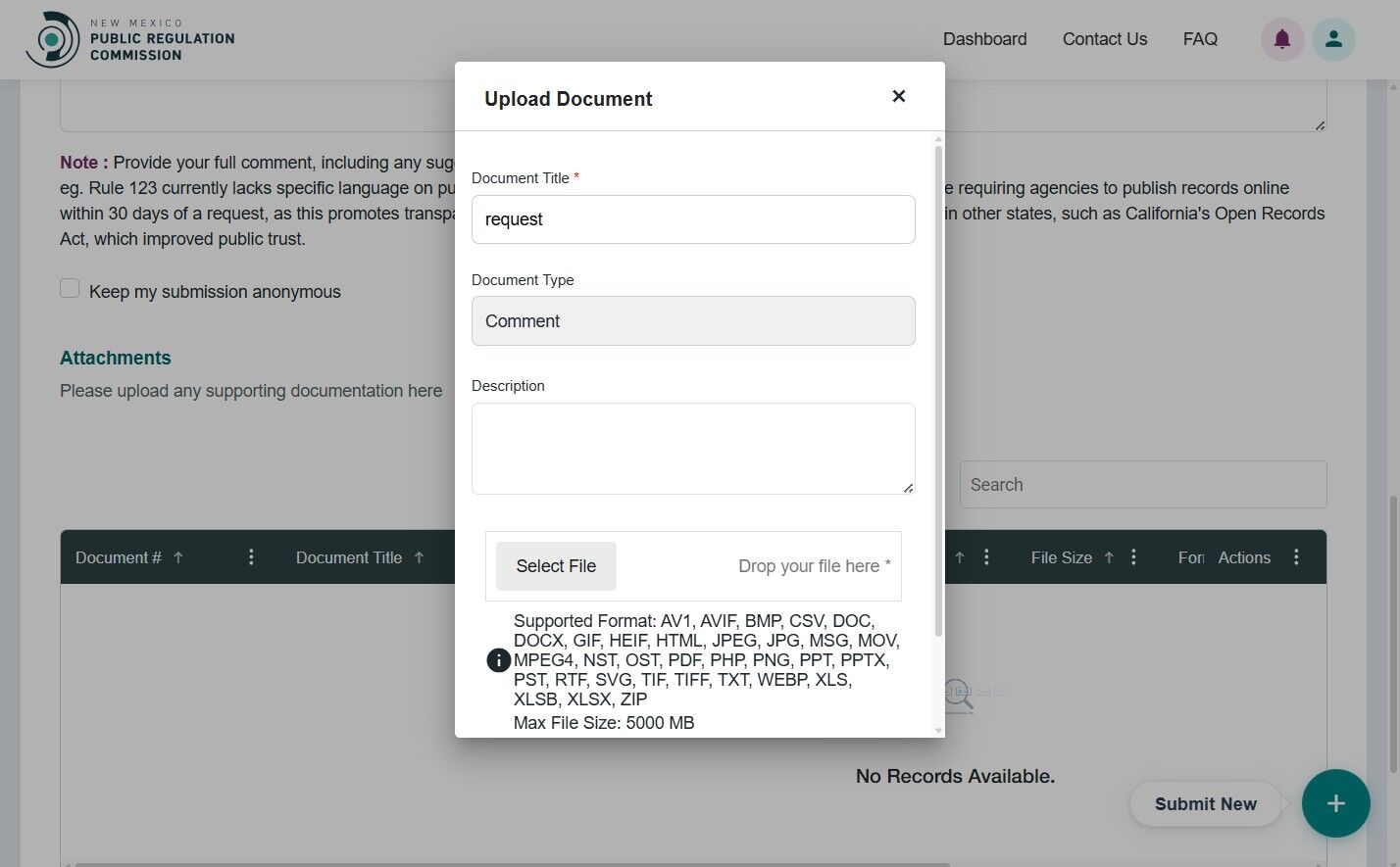 Upload document popup form