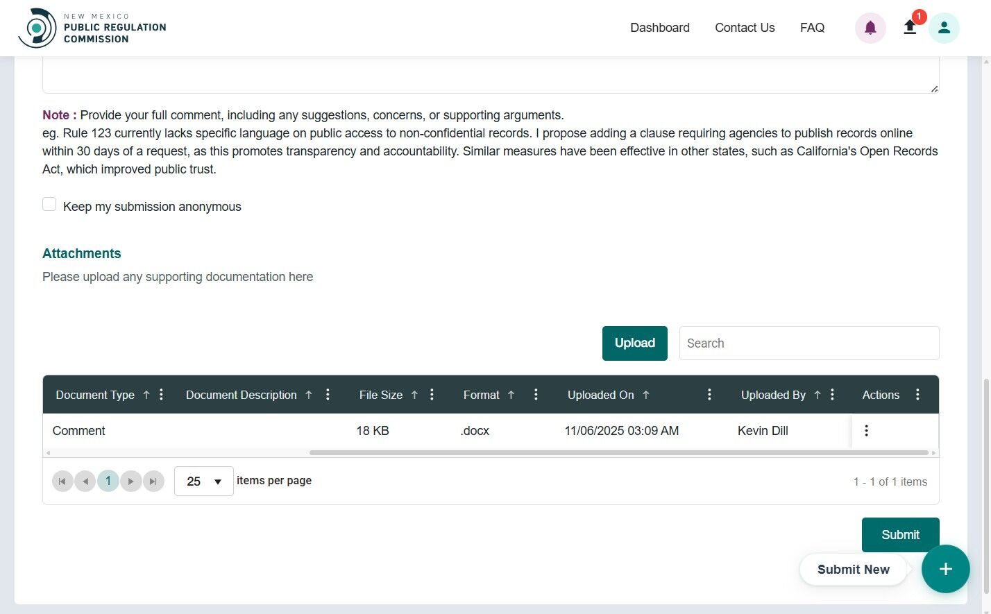 Submit rulemaking comment confirmation