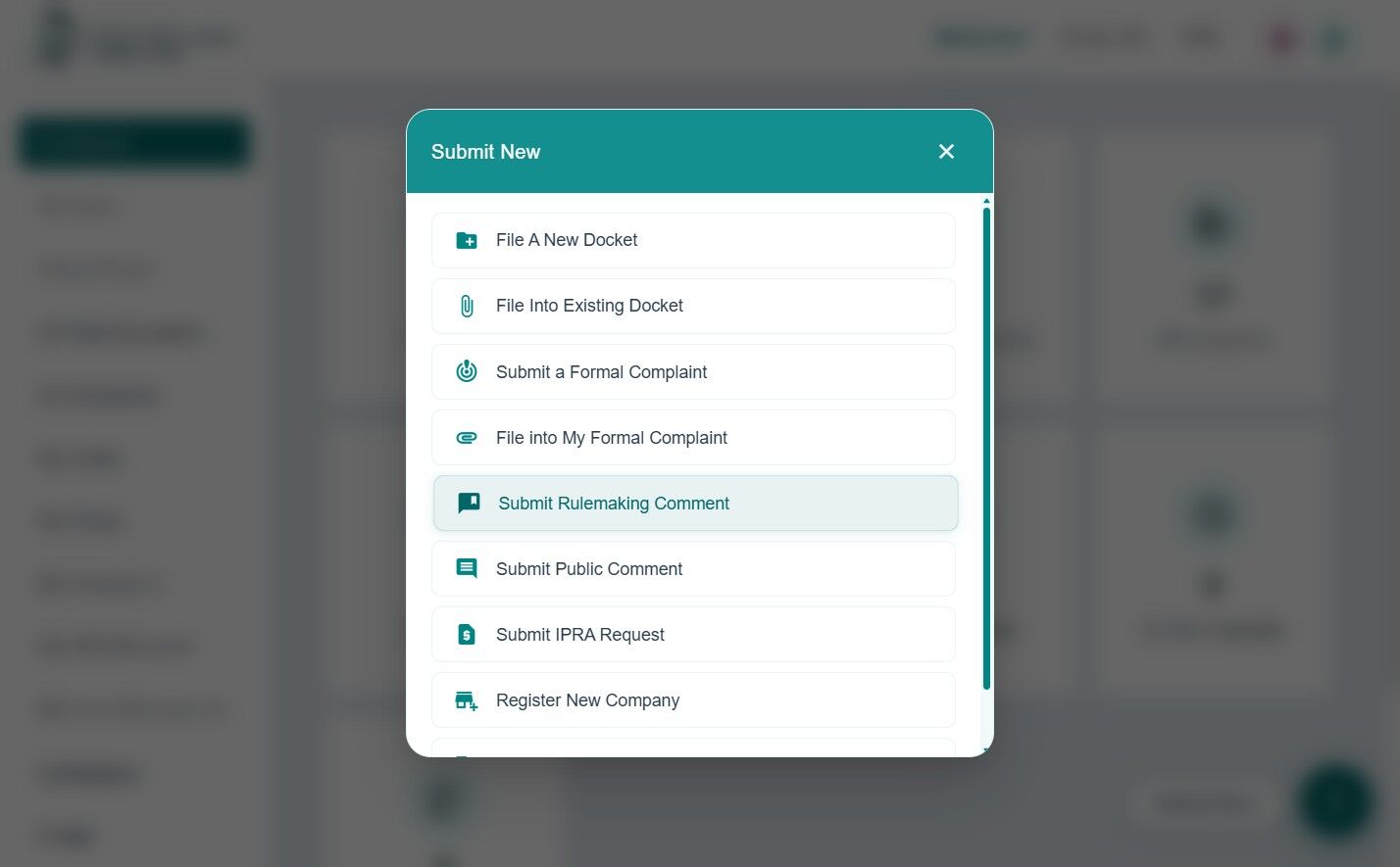 Create New Rulemaking Comment screen