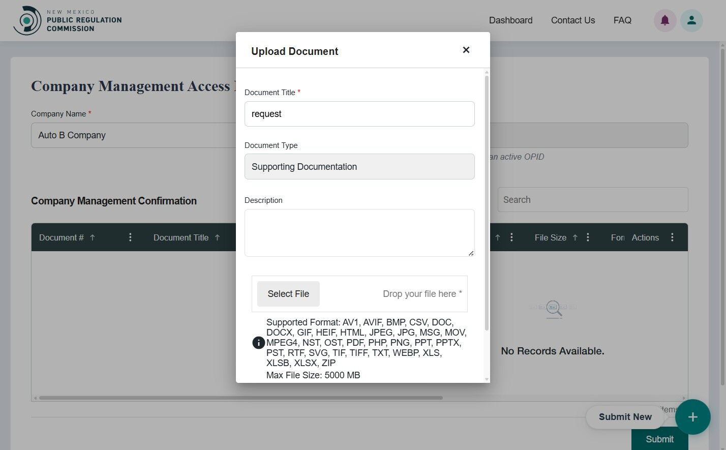 Upload document popup form