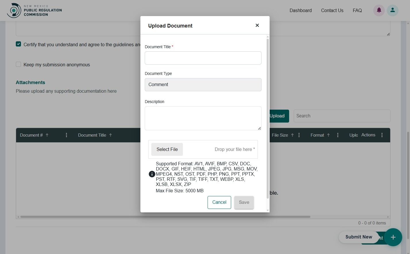 Attachments grid for uploaded documents
