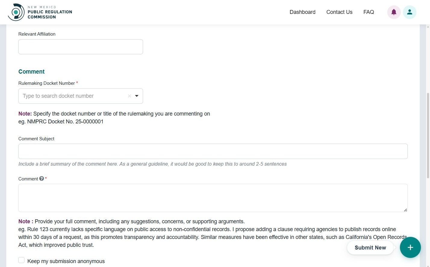 Rulemaking docket and comment section fields
