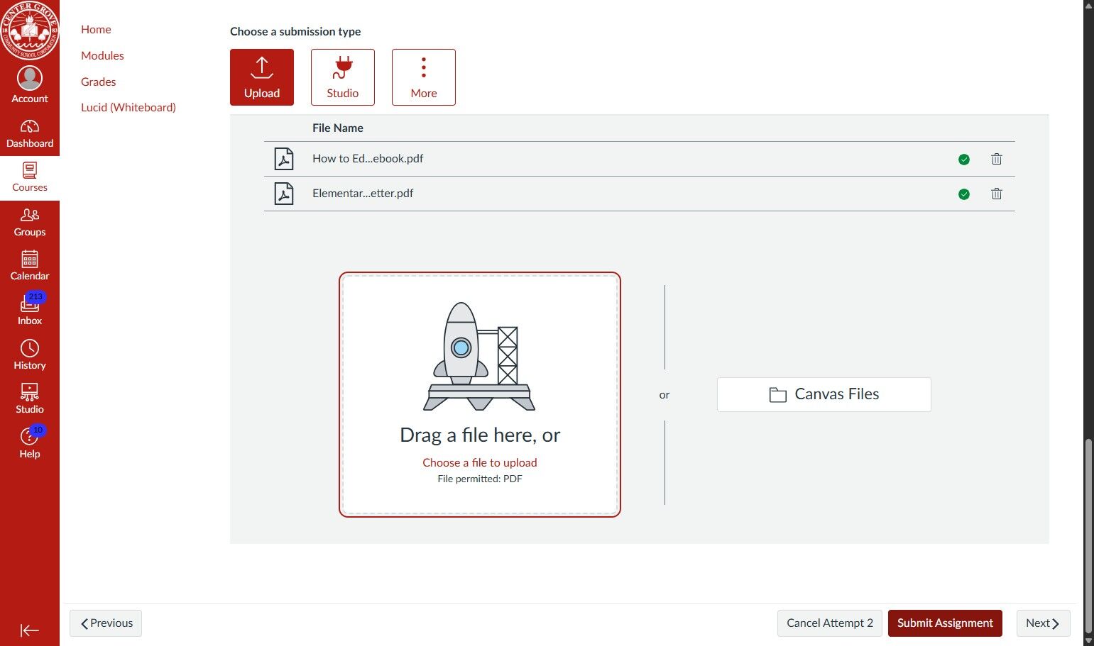 Canvas assignment submission page showing two PDF files ready to upload. A rocket icon is displayed with text inviting file uploads. Submit button visible.