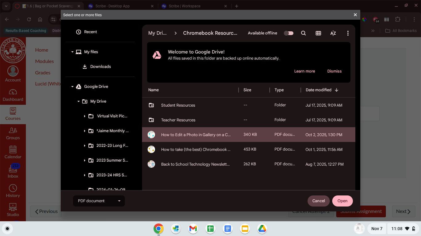 A computer screen displays a Google Drive dialog box with a list of PDF files and folders. 