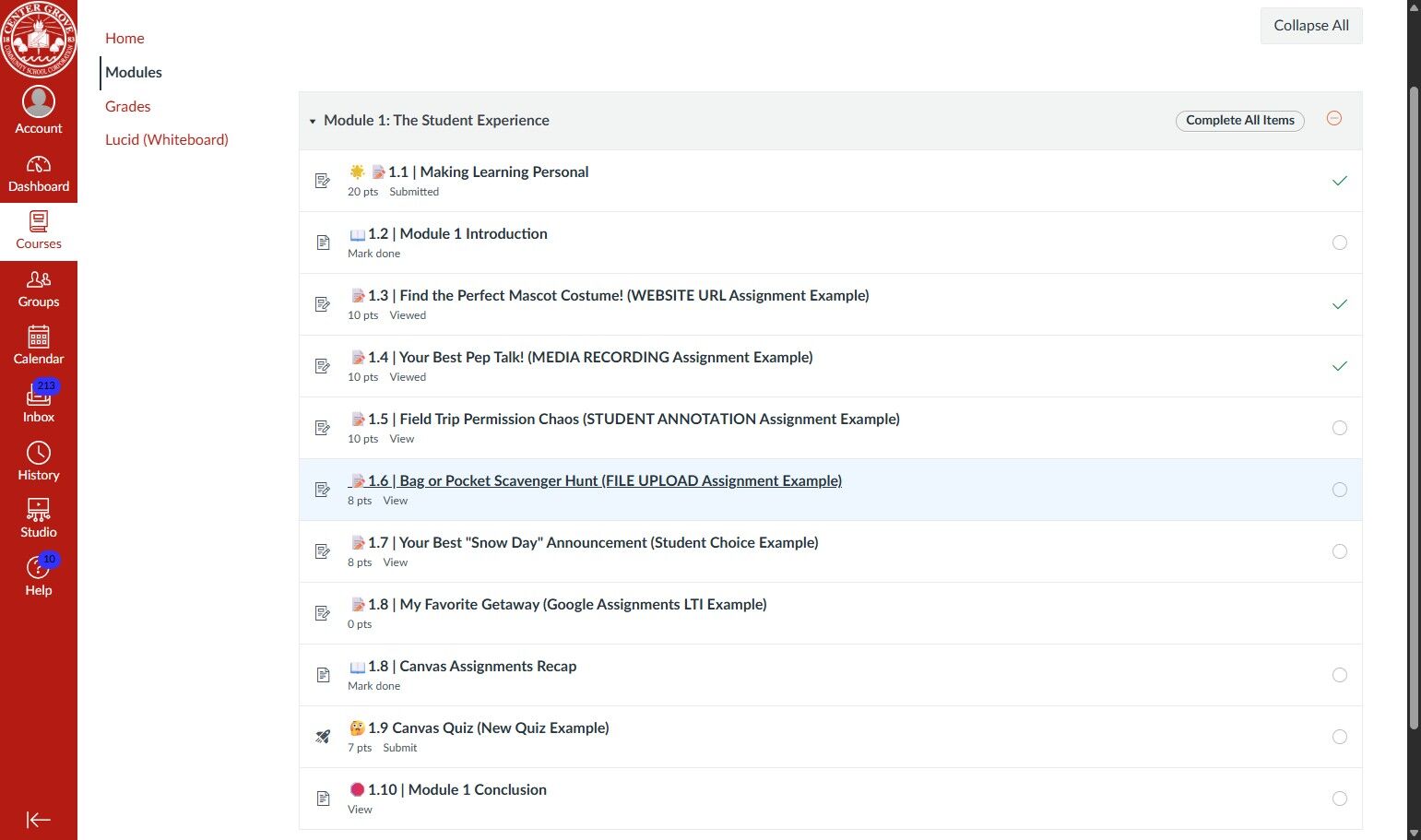 Online course interface showing Module 1: The Student Experience. Lists assignments and tasks with icons indicating completion status. Red sidebar with navigation links.