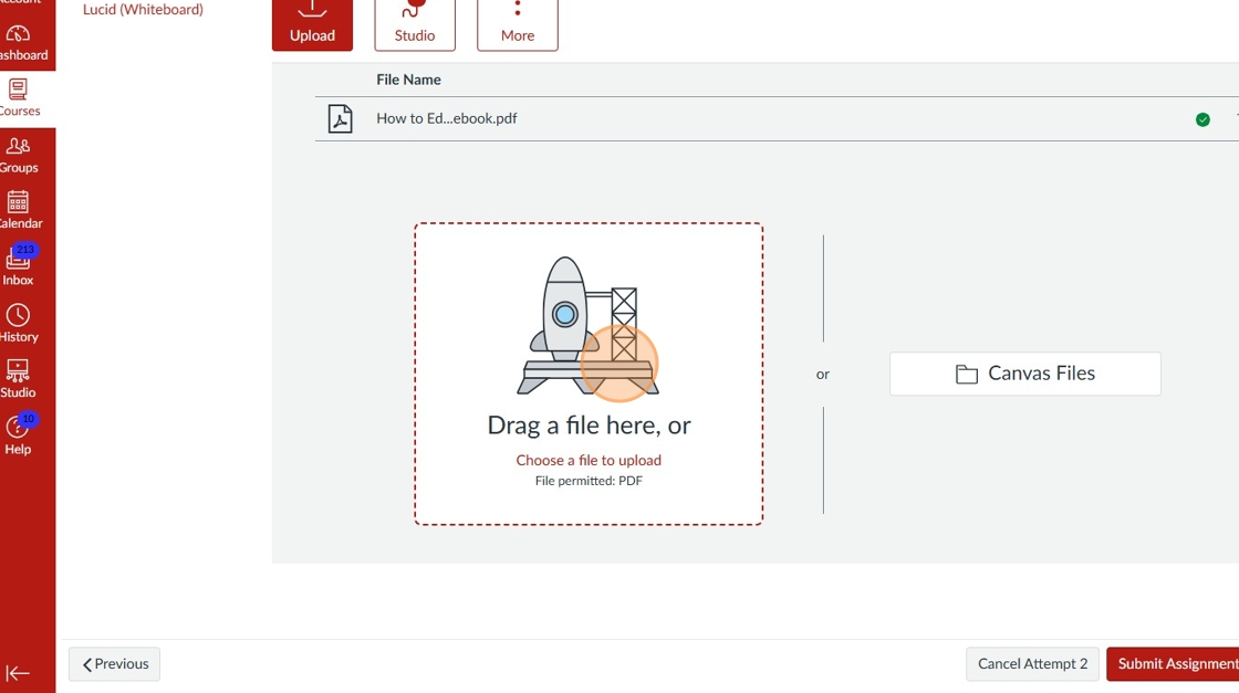 Screenshot of a file upload page on an educational platform. A rocket icon indicates where to drag files. Options for "Upload" and "Canvas Files" are visible.