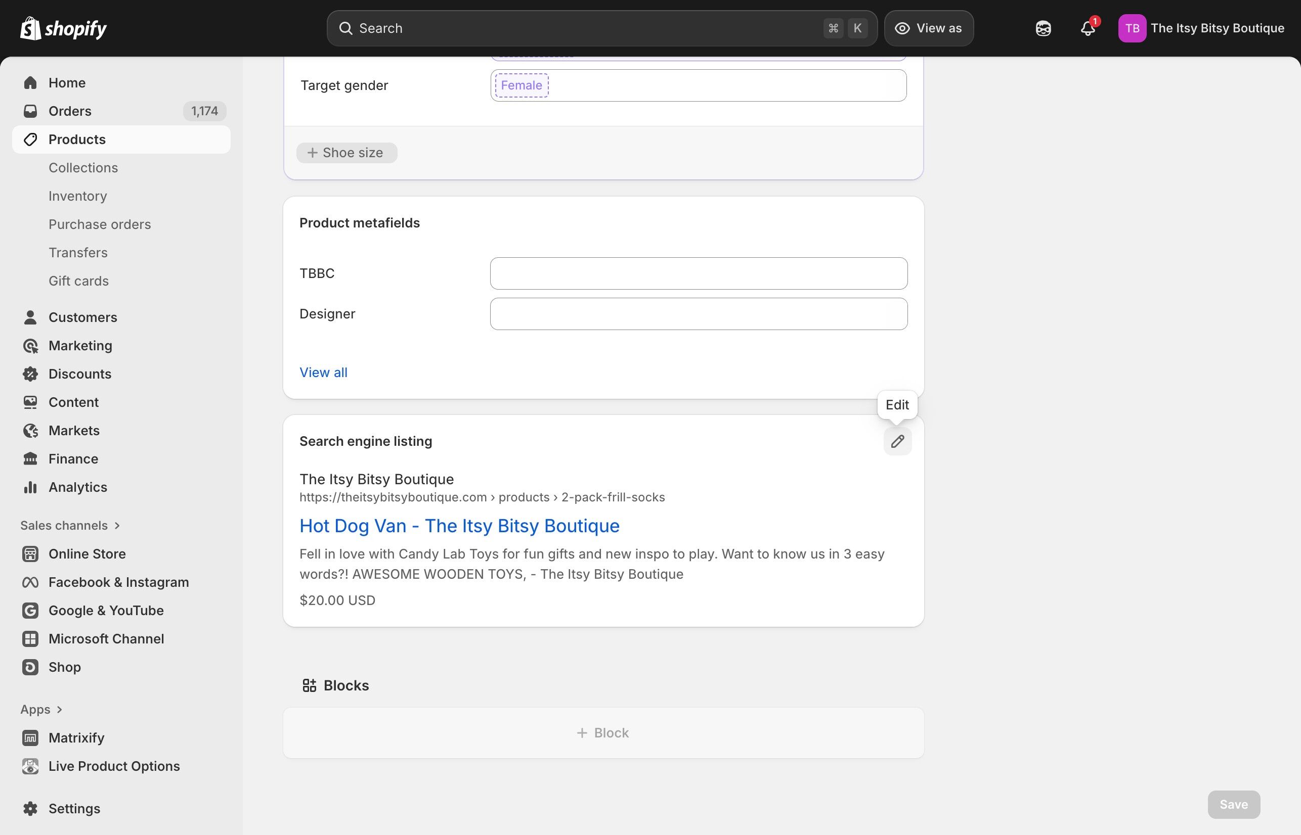 Search engine listing section in Shopify
