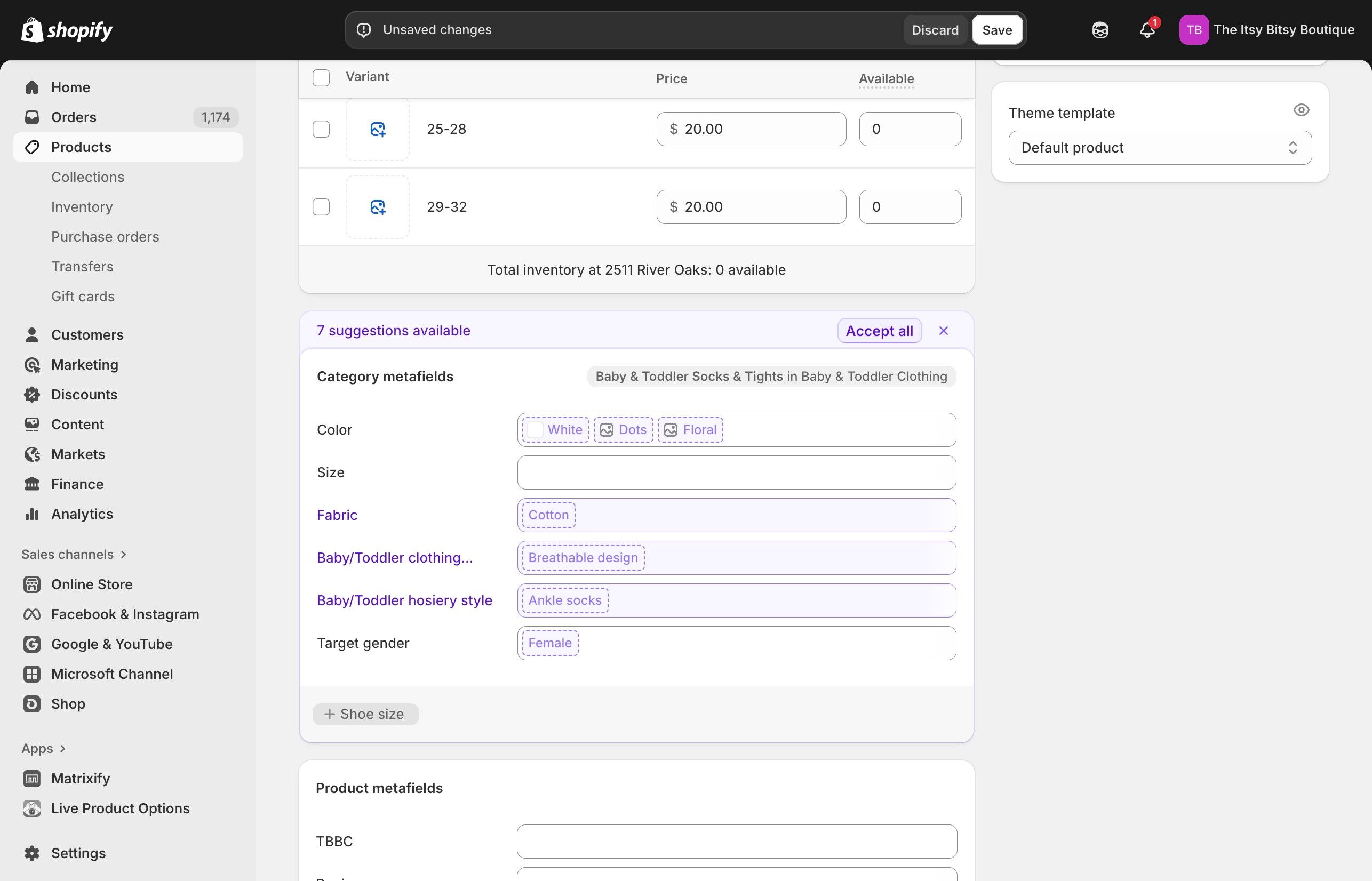 Category metafields section with Accept all button